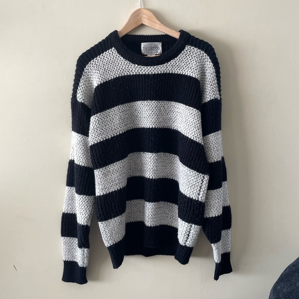 Vintage 80s striped knit sweater black grey saugatuck